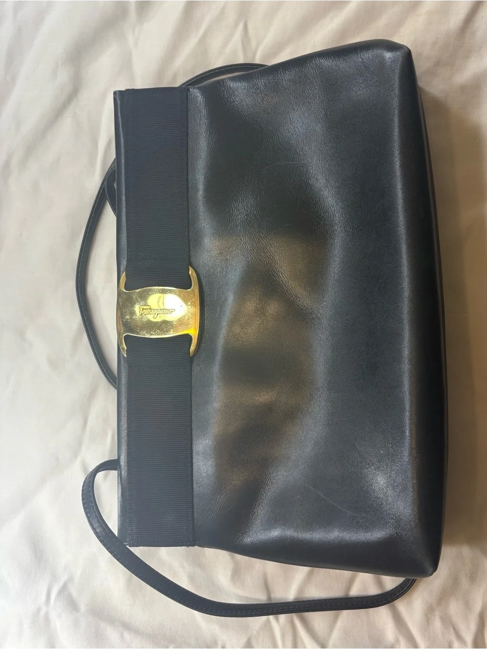 Salvatore Ferragamo Black and Gold Logo Interior Handbag